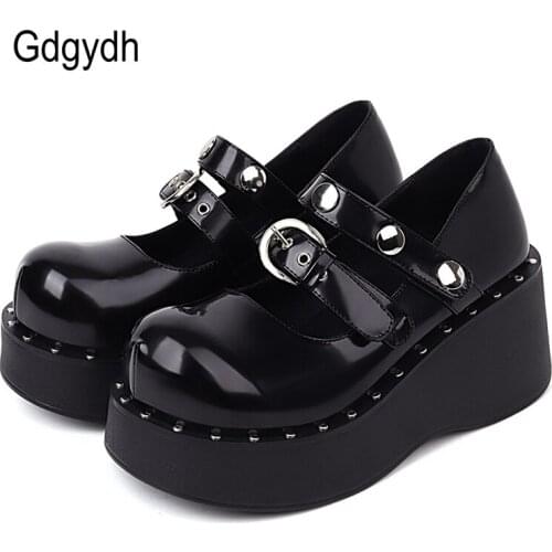 Gdgydh Women Gothic Shoes Ankle Strap Buckle Wedges High Heel Platform Lolita Mary Janes Female Pumps Cosplay Girls Single Shoes
