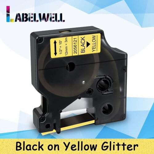 Labelwell Printer ribbon 2056121 For Dymo D1 2056121 12mm label tape Black on Yellow Glitter for Dymo LabelManager 100 160 280