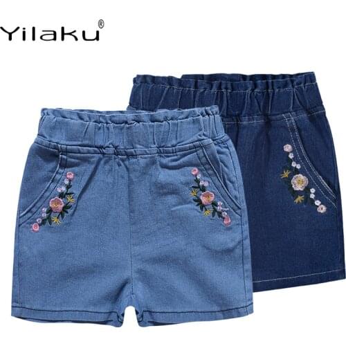 Yilaku Girls Summer Shorts Washed Blue Jeans Embroidered Flower Pattern Cotton Casual Pants Elastic kids Super Shorts CI065