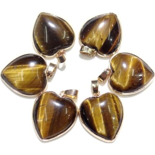 Natural Stone Quartz Crystal Agate tiger eye gold side heart-shaped Pendant Jewelry Charms for Necklaces Jewelry Making 10pc
