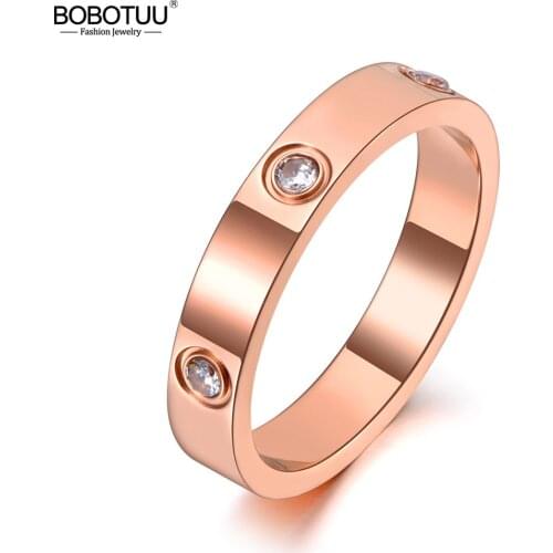 BOBOTUU Original Titanium Stainless Steel Cubic Zirconia Anniversary Ring Trendy CZ Crystal Wedding Ring For Women BR19139