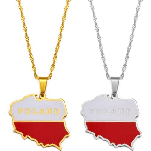 Anniyo Polska Map Flag Pendant Necklaces for Women Jewelry Maps of Poland Chain Neckalces Polish #244521