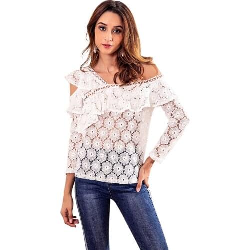 Paney Quin White Lace Hollow Out Flower Shirt Skew Collar Flouncing Sexy Long Sleeves Tops 2018 New Fashion Women Clothing
