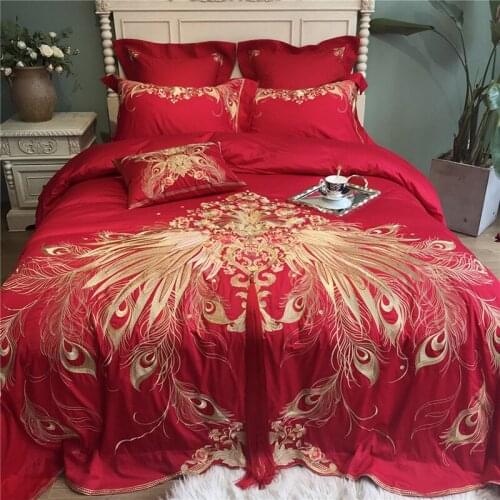 Luxury Embroidered Egyptian cotton Royal Bedding sets Queen King red Wedding Duvet cover Bed sheet set Pillowcases 4/6pcs