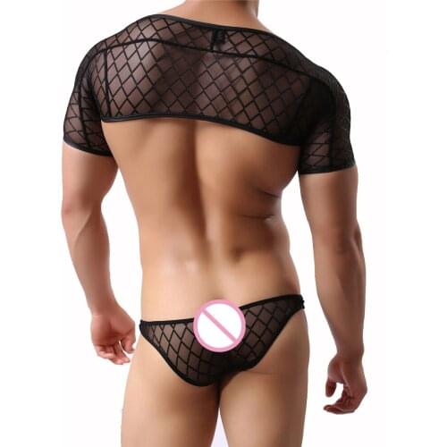 Sexy Mens Clothes Set Transparent Mesh Shirt Men Underwear Set Male Undershirts Fitness Tank Tops Male Mini Briefs Underpants