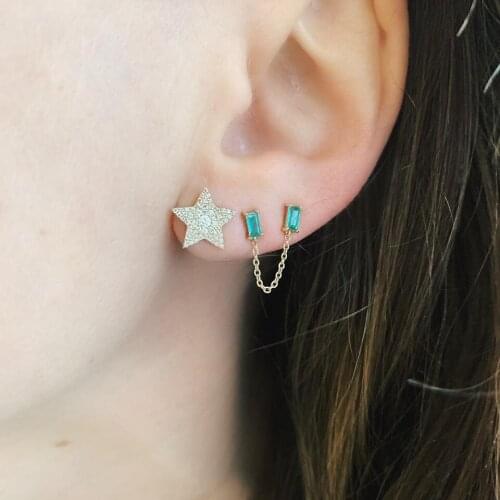 Double 2 piercing stud earring baguette birthstone cz tassel chain romantic fashion girl women simple jewelry