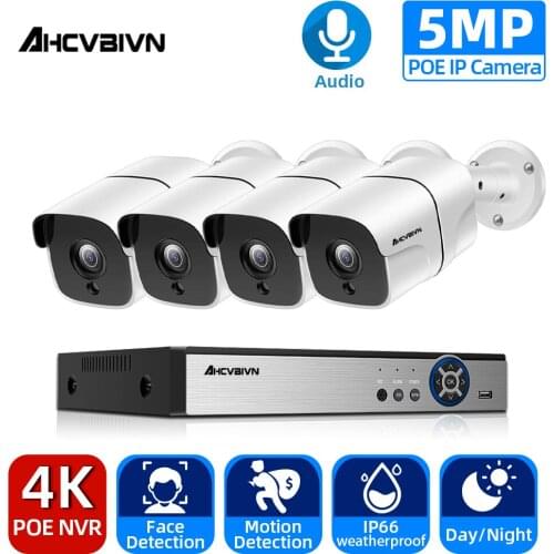 4CH 4K POE NVR 5MP CCTV System Face Detection Waterproof POE IP Camera IR Outdoor Video Security Surveillance Set H.265 POE NVR
