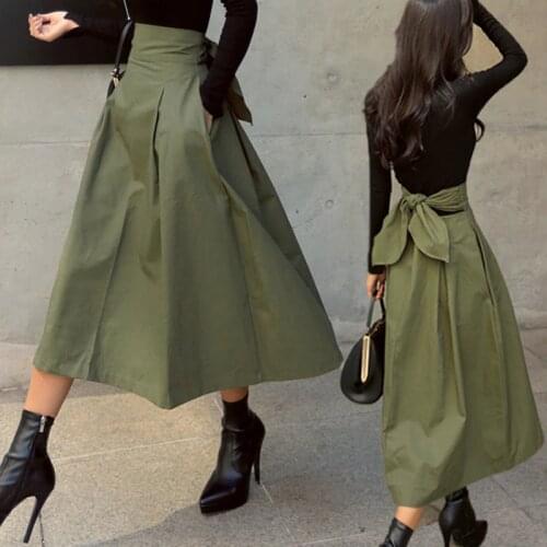 Skirts Womens Korean Fashion Solid Color Big Swing Ladies Skirt Long Skirt 2020 Autumn Wild High Waist Bow Slim Skirts 909E