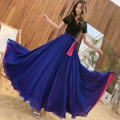Women Full/Ankle Length Maxi Chiffon Long Skirt Beach Skirt Girls Bohemian Double Layer Reversible Full Circle Long Dance Skirts