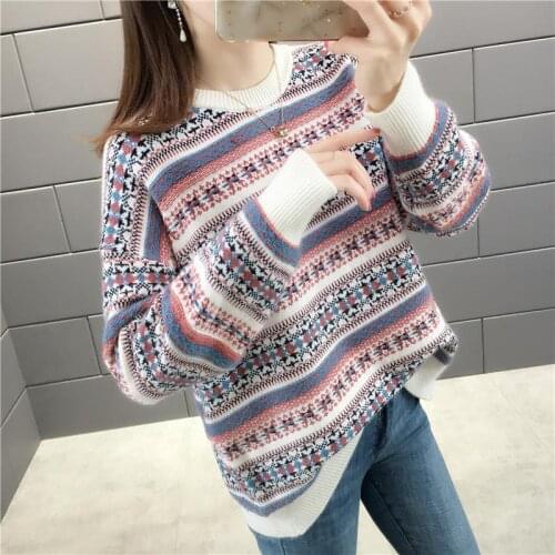 Women 2021 Autumn Winte Fashion Short Loose Pullovers Female Striped Print Sweater Tops Ladies O-neck Knitted Jumpers P254