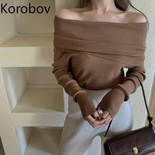 Korobov 2020 New Chic Korean Elegant Solid Sweaters Vintage Sexy Slash Neck Long Sleeve Sueter Mujer Autumn Streetwear Jumper