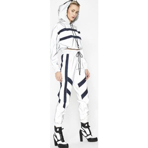 2019 Women Sweatshirts Hooded Elastic Drawstring Pant Tracksuit Reflective Two Pieces Sets Silver Pactwork Crop Top