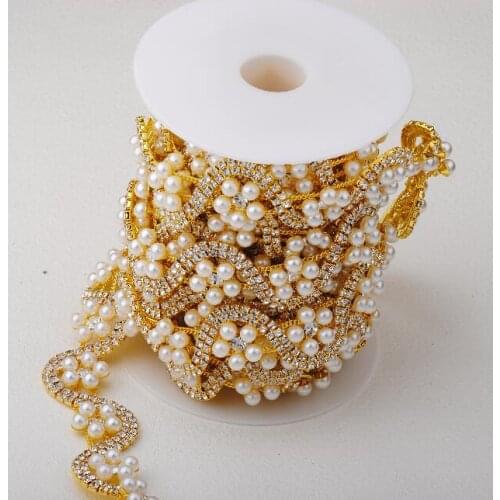 1 Yard 2.6CM Sewing Accessories Gold Pearls Clear Crystal Rhinestone Applique Trimming