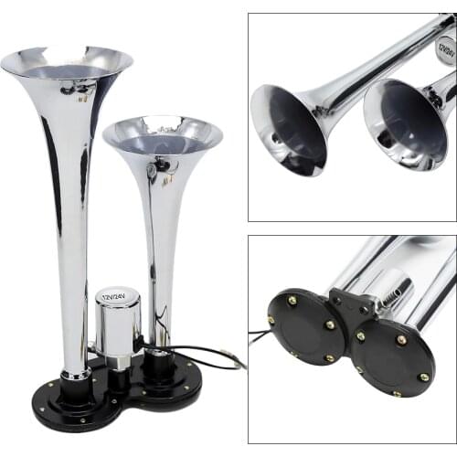 12V/24V 150dB Universal Dual Trumpet Electric Horn Loud Chrome Air Horn Speaker Kit for Train Truck Lorry