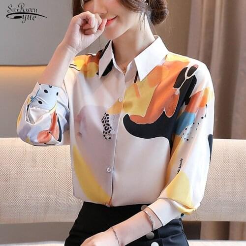 2021 Autumn New Chiffon Flower Print Shirt Womens Office Loose Long-Sleeve Cardigan Women Blouse Plus Size Ladies Tops 11128