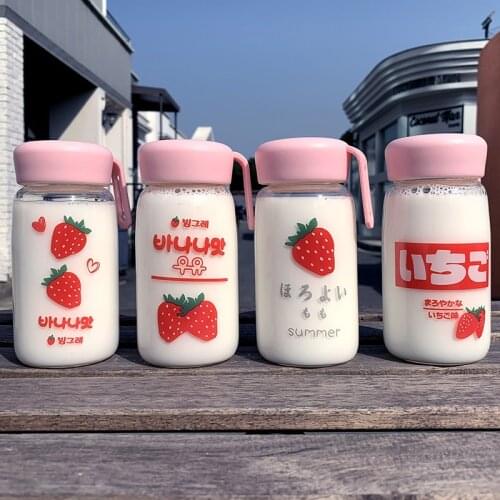 360ml Cartoon Cute INS Big Belly Cup Sweetheart Strawberry Chubby Kawaii Glass Couple Student Drinking Water Bottle With Lid