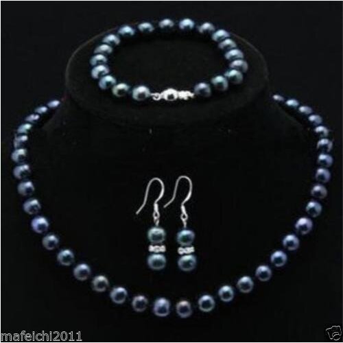 7-8mm black Akoya Pearl Necklace Bracelet Earring 1 Sets 18" & 7.5"