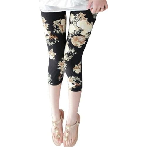 CUHAKCI Calf-Length Floral Stripe Print Sexy Pants Black Short Capris Women Summer Leggings High Waist