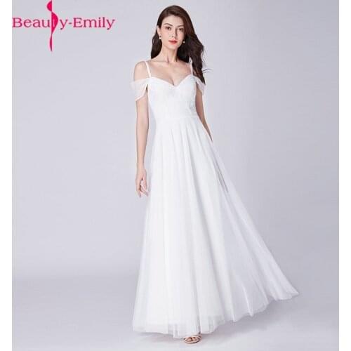 Beauty-Emily Charming Spaghetti Strap V Neck Evening Dresses Long White Tulle Zipper Back Lace Formal Party Dress Real Photo