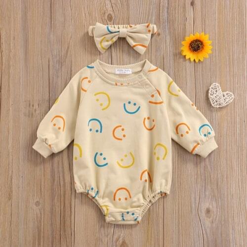 Sweet Baby Girl’s Casual Long Sleeve Romper Fashion Smiley Printed Triangle Jumpsuits and Headband