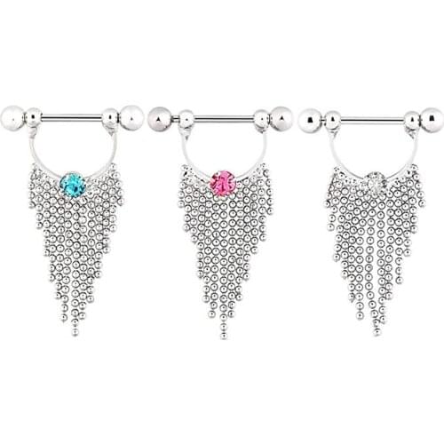 2PCS 316L Surgical Steel New Tassel Nipple Piercing Fashion Body Piercing Piercing Big Crystal Rings Body Jewelry for Women Girl