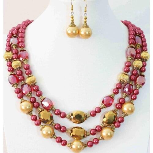 Charms rose red gold-color shell simulated-pearl round beads oval crystal newly earrings 3rows necklace jewelry set 18-22"B1001