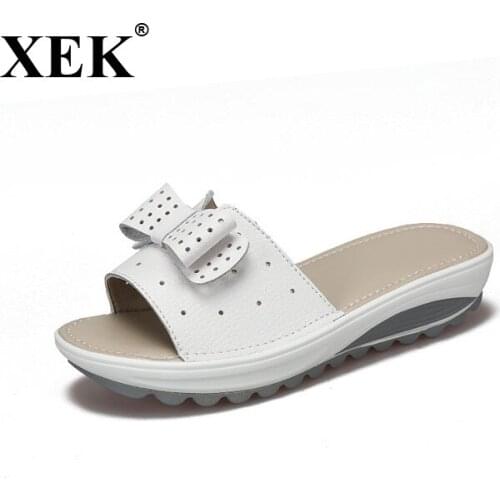 XEK Womens Sandals PU Leather Women Flats Shoes Platform Wedges Female Slides Beach Flip Flops Summer Slippers Girls Shoe JH223