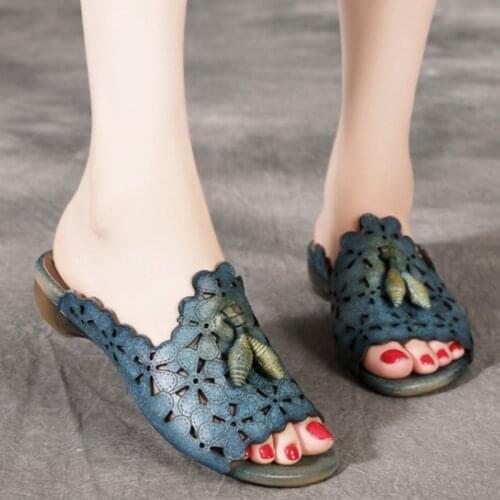 Summer Women Slippers Genuine Leather Sandals 2021 New Women Shoes Slides String Bead Flat with Retro Handmade Ladies Slippers