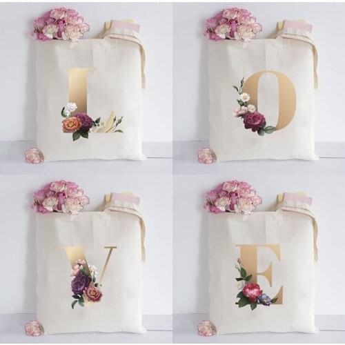 Gold Alphabet Shoulder Bag Floral Letter Pattern Shopping Pouch Canvas Storage Bag Women Eco Portable Canvas Foldable Organizer