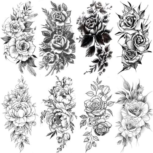 Peony Rose Flower Temporary Tattoos For Women Body Art Camellia Blossoms Painting Tatoo Washable Wrist Arm Fake Tattoo Stickers