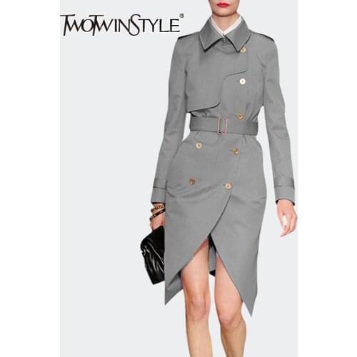 TWOTWINSTYLE Casual Irregular Trench For Women Lapel Long Sleeve High Waist Sashes Front Split Khaki Windbreaker Female 2020 New