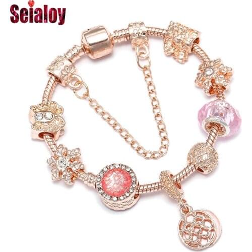 Seialoy Rose Gold Pink Love Heart Charm Bracelets For Women Original Crystal Butterfly Beaded Bracelet Fine Girls Jewelry Gift