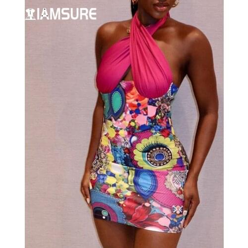 IAMSURE Printed Patchwork Halter Bodycon Dress Holiday Beach Style Sexy Slim Criss-Cross Mini Dresses For Women 2021 Clubwear