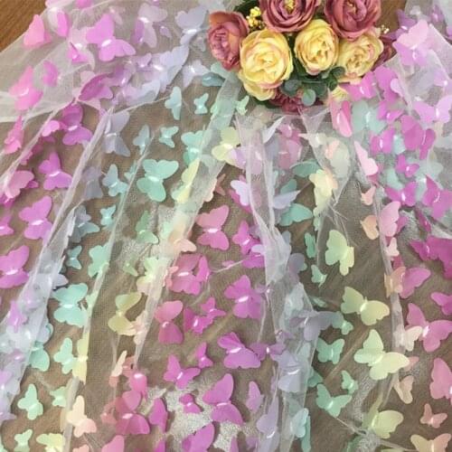 Rainbow Color Butterfly 3D Applique Mesh Lace Fabric Gradient Flowers Childrens Clothing DIY Wedding dress Lace Cloth