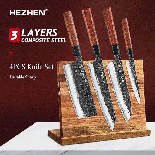 HEZHEN 4-5PC Kitchen Knife Set Chef Utility Stainless Steel 3 Layers Composite Steel Santoku Nakiri Kitchen Accessories