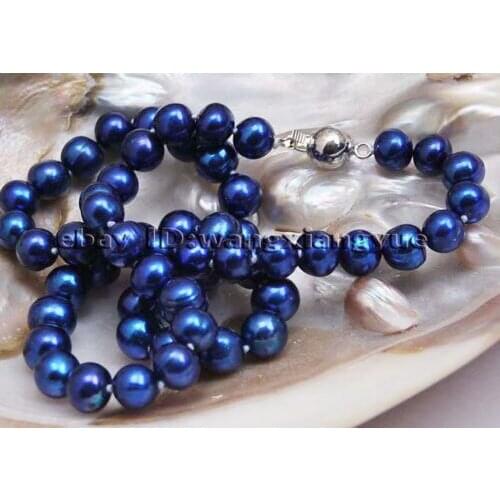 Free Fashion 8-9mm Real Blue akoya cultured pearl necklace 17"