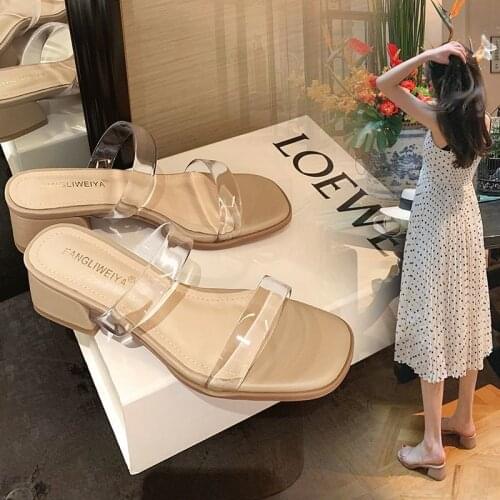 Transparent Sandals and Slippers for Summer Wear Fashion 2021 New Mid-heel Thick Heel Sandals Female High-heeled Shoes