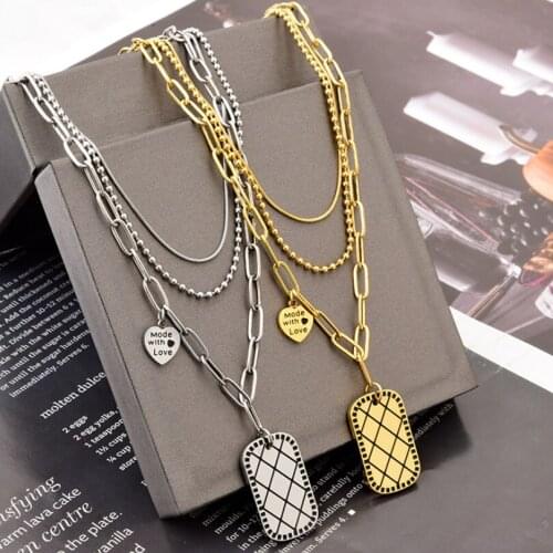 316L Stainless Steel Letter Heart Square Pendant Three Layers Geometry Chain Choker Necklace For Women Fashion Fine Jewelry