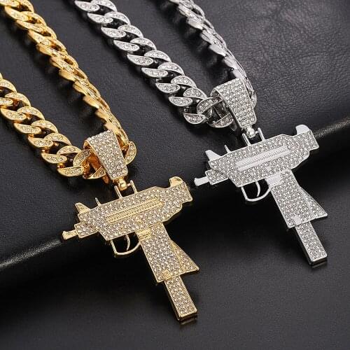 Men Women Hip Hop Iced Out Bling Submachine Gun Pendant Necklace Miami Gold Cuban Link Chain Necklaces Charm Mens Jewelry Choker