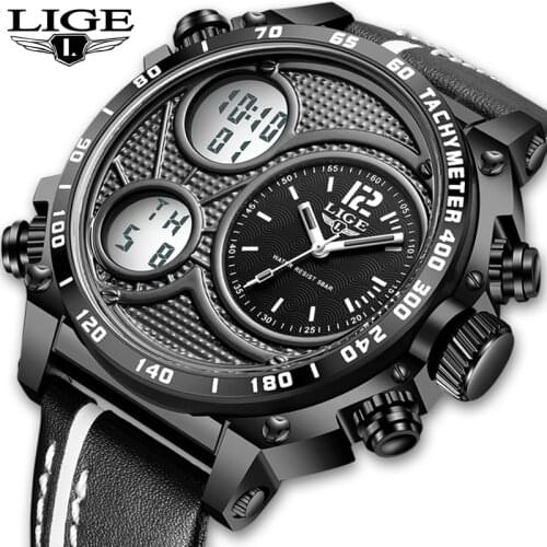 LIGE Men Watches Top Brand Luxury LED Sport Waterproof Chronograph Fashion Dual Display Leather Luminous Military Watch For Men