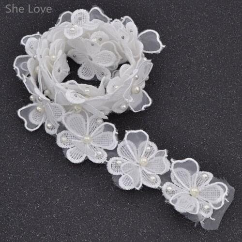 Chzimade 1 Yard Flower Artificial Pearl Diamond Double Lace Edge Trim Wedding Ribbon Applique Sewing Craft DIY