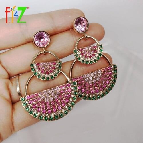 F.J4Z New Watermelon Earrings Bohemian Sparkling Rhinestone Semi-circle Drop Earrings Lady Statement Earrings dropship