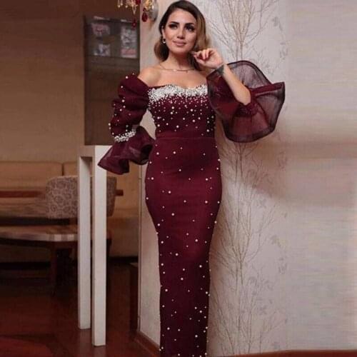 Purple Muslim Evening Dresses Sheath 3/4 Sleeves Ruffles Pearls Dubai Saudi Arabic Long Evening Gown Prom