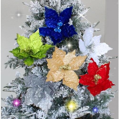 Artificial Christmas Flower 14cm Faux Xmas Ornament for Christmas Tree Decorations Giltter Wedding Engagement Flower Decor