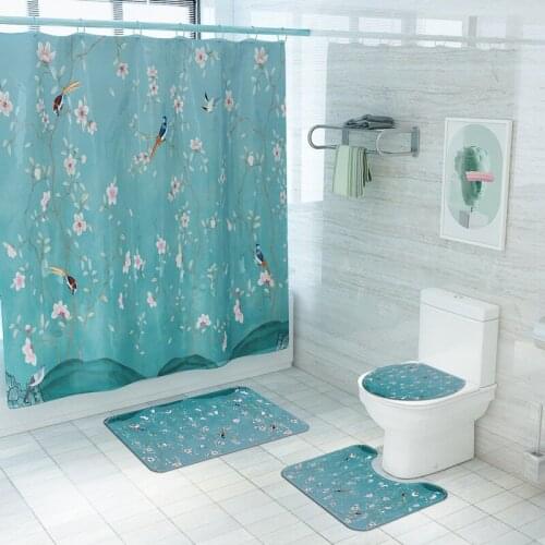 Birdie Peach Blossom Bathroom Curtain Set Nature Pink Flowers Shower Curtains Toilet Cover Mat Non-Slip Bath Rug Sets Home Decor