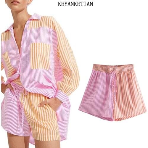 KEYANKETIAN za Summer shorts ladies striped contrast shorts girls casual high waist shorts summer retro ladies rainbow shorts