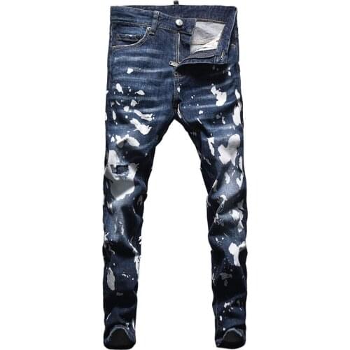 European American Street Fashion Men Jeans Retro Dark Blue Slim Fit Ripped Jeans Men Painted Designer Hip Hop Denim Punk Pants