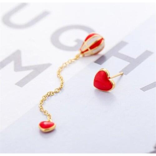 New Summer Fashion Red Epoxy Asymmetric Love Hot Air Balloon 925 Sterling Silver Jewelry Creative Stud Earrings SE939