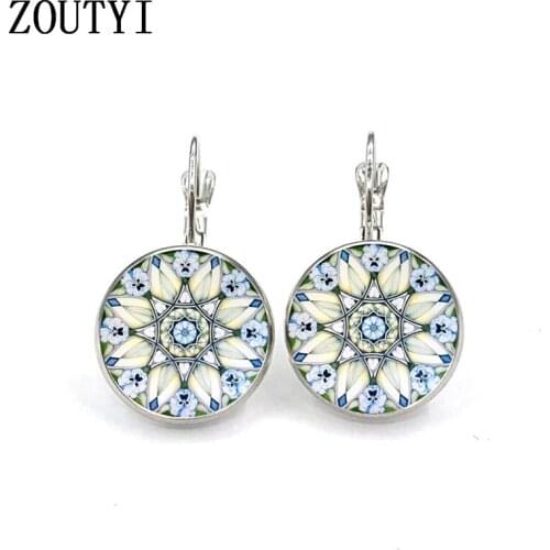New/fashion glamour life flower sacred geometry pattern, convex glass inlay earrings, women wear jewelry