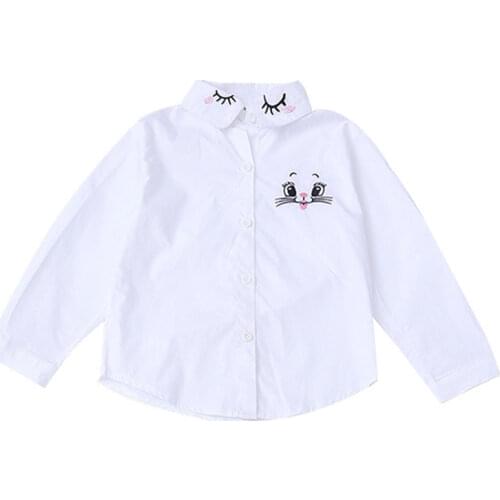 Autumn Back To School Shirts for School Girls Princess Clothes Kids Long Sleeve White Blouse Cartoon Cat Flower Embroidery Tops